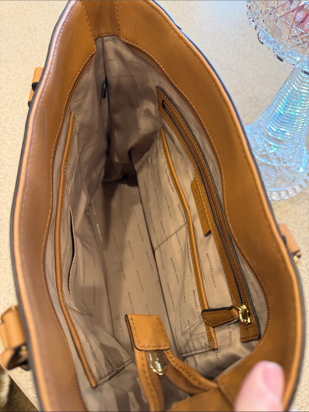 Michael Kors Tan Saffiano Leather Structured Tote with MK Charm - Picture 12 of 15